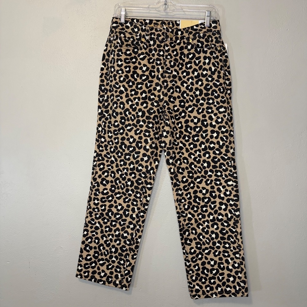 Michael Michael Kors Selma Straight Ankle Leopard Print Jeans Khaki 4 NEW